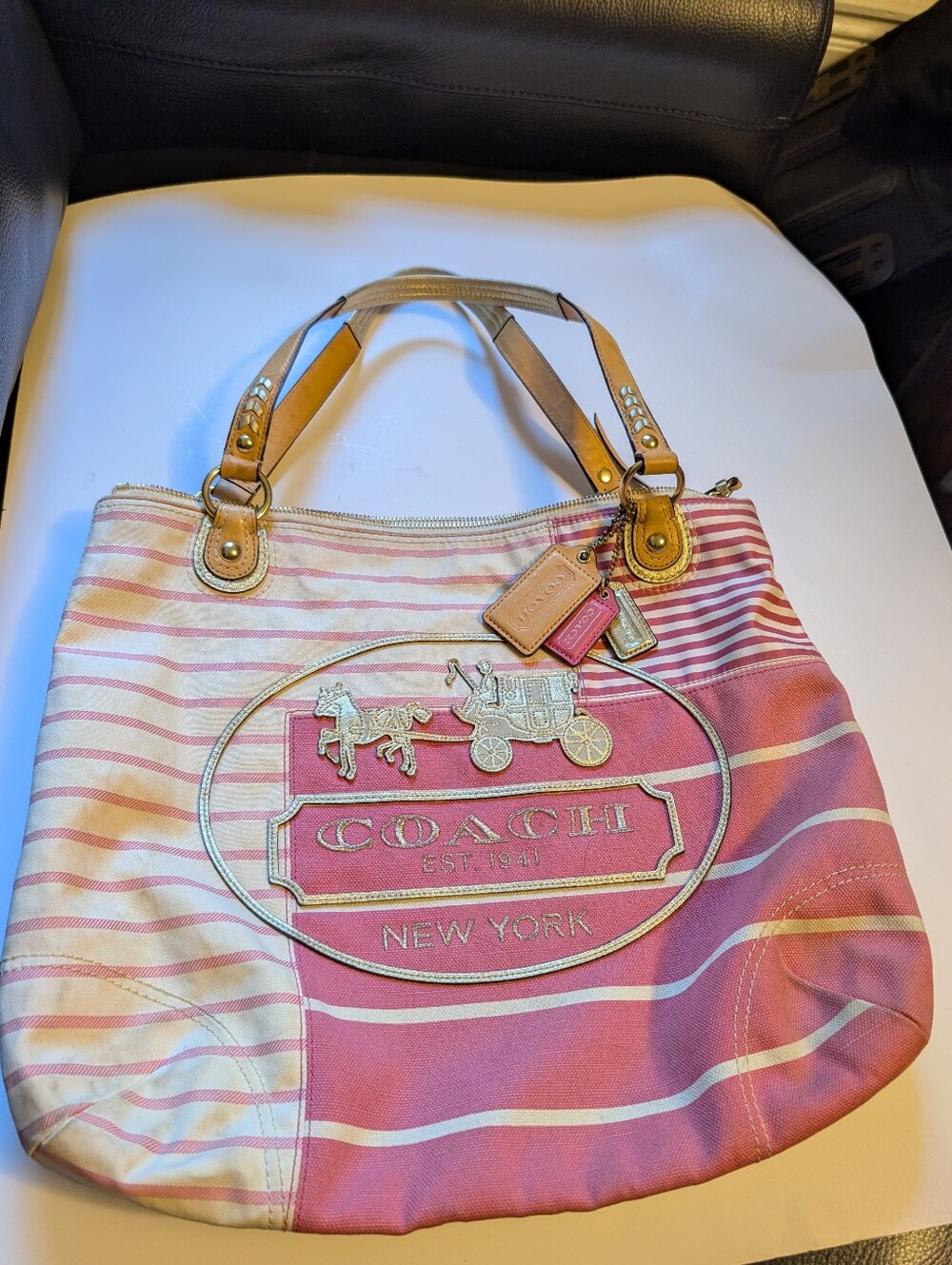 Coach Pink Striped Canvas Tote Bag #19618 In VGUC